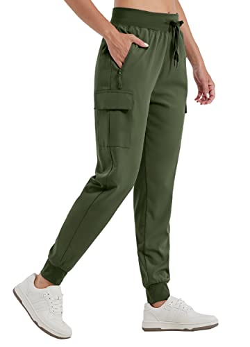 WILLIT Damen Cargo Jogginghose Wanderhosen Leichte Cargohose Athletisch Outdoor Reise Jogger Schnelltrocknende Workout Casual Hose Wasserdicht Armee Grün L von WILLIT