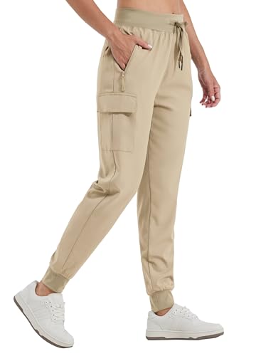 WILLIT Damen Cargo Jogginghose Wanderhosen Leichte Cargohose Athletisch Outdoor Reise Jogger Schnelltrocknende Workout Casual Hose Wasserdicht Helles Khaki L von WILLIT