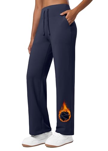 WILLIT Damen Fleece gefütterte Hose Winter Yogahose Thermohose Yoga Hose Weites Bein Lounge Hose mit Taschen Navy XL von WILLIT