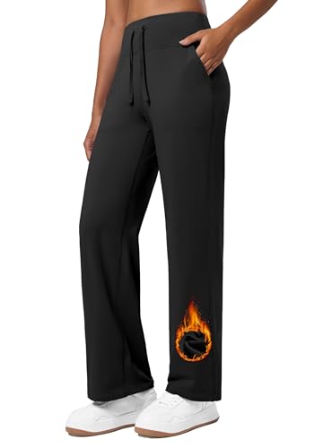 WILLIT Jogginghose Damen Fleece gefütterte Hose Winter Sporthose Warme Yogahose Thermohose Weites Bein Lounge Hose mit Taschen 29" Schwarz L von WILLIT