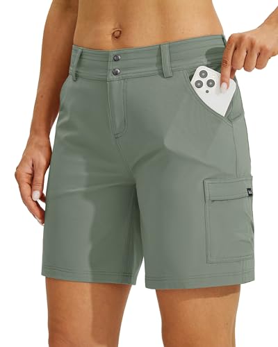 WILLIT Damen Golf Wanderhose Kurz Cargo Shorts Schnelltrockner Sportliche Stretch Shorts Lässige Sommer Shorts Trekkinghose Outdoor leichte mit Taschen 7" Graugrün 38 von WILLIT