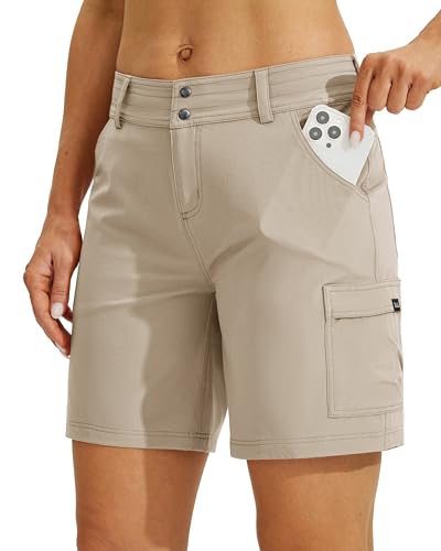 WILLIT Damen Wanderhose Kurz Cargoshorts Schnelltrockner Sporthose Stretch Shorts Trekkinghose Golf Lässige Sommer Outdoor leichte mit Taschen 7" Khaki 38/ US6 von WILLIT