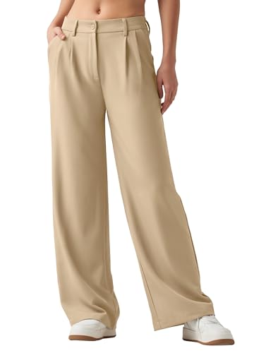 WILLIT Damen Hosen Weites Bein Stoffhose Bequeme Elegante Damenhose Lässig Hohe Taille Business Hose mit Taschen 28" Hellkhaki XL von WILLIT
