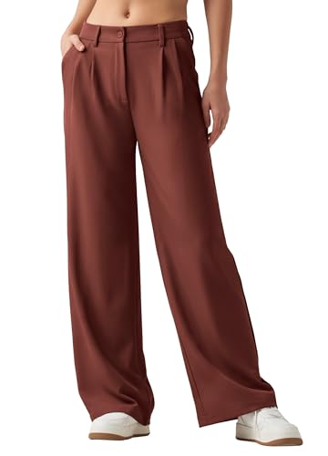 WILLIT Damen Hosen Weites Bein Stoffhose Bequeme Elegante Damenhose Lässig Hohe Taille Business Hose mit Taschen 30" Dunkelrot XXL von WILLIT