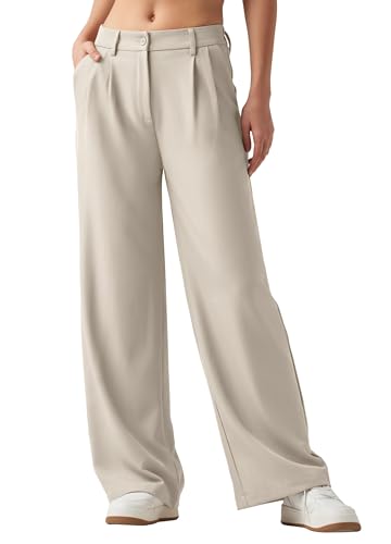 WILLIT Damen Hosen Weites Bein Stoffhose Bequeme Elegante Damenhose Lässig Hohe Taille Business Hose mit Taschen 30" Knochenweiß L von WILLIT
