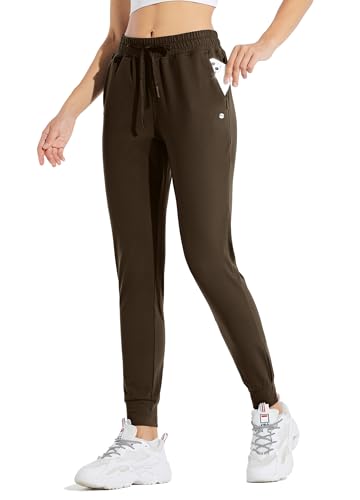 WILLIT Damen Jogginghose Fleece gefütterte Jogger Warme Hosen Thermohose Laufhose Thermische Sweathose Winter Sporthosen Wandern High Waist Wasserdicht Kordelzug mit Taschen Braun XS von WILLIT