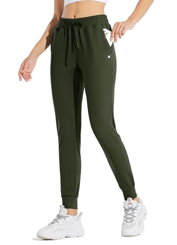 WILLIT Damen Jogginghose Fleece gefütterte Jogger Warme Hosen Thermohose Laufhose Thermische Sweathose Winter Sporthosen Wandern High Waist Wasserdicht Kordelzug mit Taschen Olivengrün M von WILLIT