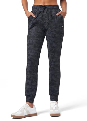 WILLIT Damen Jogginghose Fleece gefütterte Jogger Warme Hosen Thermohose Laufhose Thermische Sweathose Winter Sporthosen Wandern High Waist Wasserdicht Kordelzug mit Taschen Schwarz Tarnmuster XS von WILLIT