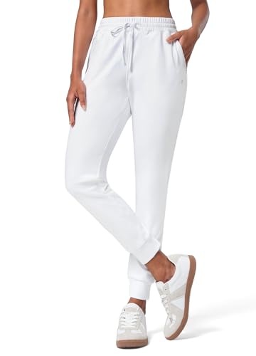 WILLIT Damen Jogginghose Fleece gefütterte Jogger Warme Hosen Thermohose Laufhose Thermische Sweathose Winter Sporthosen Wandern High Waist Wasserdicht Kordelzug mit Taschen Weiß XXL von WILLIT