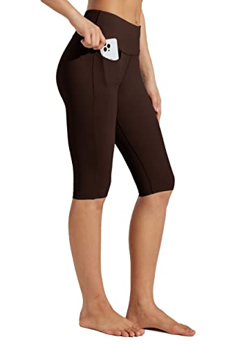 WILLIT Damen Knielange Leggings Capri mit Taschen Hochtaillierte Übungs-Caprihose für Yoga Workout Kaffee L von WILLIT