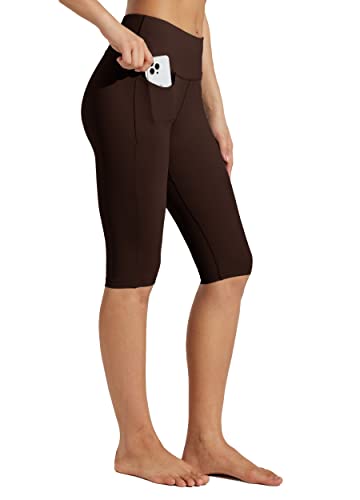 WILLIT Damen Knielange Leggings Capri mit Taschen Hochtaillierte Übungs-Caprihose für Yoga Workout Kaffee XL von WILLIT