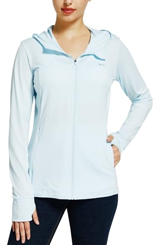 WILLIT Damen Laufjacke Sportjacke Langarm Sonnenschutz Hoodie UV Shirts Laufshirt UPF 50 Leichte Jacke Yoga Fitness Sport Wandern mit Taschen Hellblau M von WILLIT