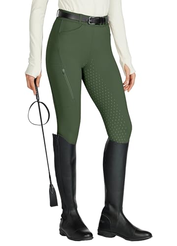 WILLIT Reitleggings Damen Reithose Silikon Vollbesatz High Waist Stretch Reithose mit Reißverschlusstasche Gürtelschlaufen Armeegrün M von WILLIT