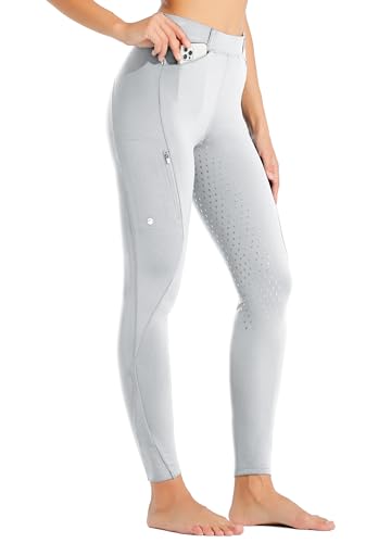 WILLIT Damen Reithose Reitleggings Vollbesatz Silikon Reithose High Waist Stretch Reithose mit Reißverschlusstasche Gürtelschlaufen Hellgrau M von WILLIT