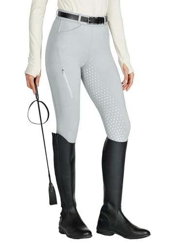WILLIT Reitleggings Damen Reithose Silikon Vollbesatz High Waist Stretch Reithose mit Reißverschlusstasche Gürtelschlaufen Hellgrau S von WILLIT