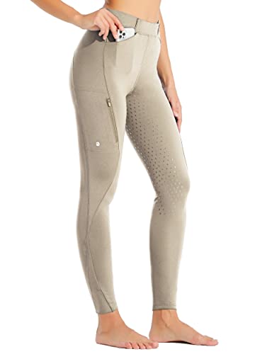 WILLIT Damen Reithose Reitleggings Vollbesatz Silikon Reithose High Waist Stretch Reithose mit Reißverschlusstasche Gürtelschlaufen Khaki L von WILLIT