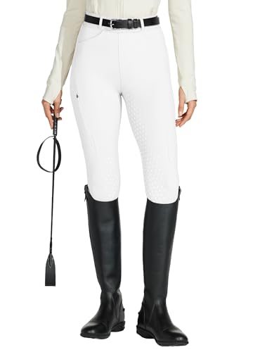 WILLIT Reitleggings Damen Reithose Silikon Vollbesatz High Waist Stretch Reithose mit Reißverschlusstasche Gürtelschlaufen Weiß M von WILLIT