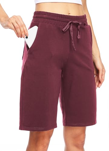WILLIT Damen Shorts Bermuda Baumwolle Lange Shorts Sporthose Yogahose Fitness Knielange Workout Sommer 10" mit Taschen Burgunderrot XXXL von WILLIT