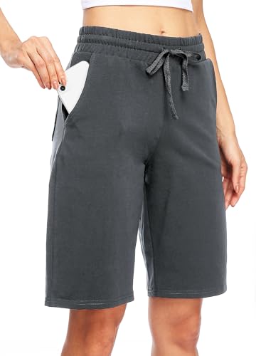 WILLIT Damen Shorts Bermuda Baumwolle Lange Shorts Sporthose Yogahose Fitness Knielange Workout Sommer 10" mit Taschen Dunkelgrau L von WILLIT