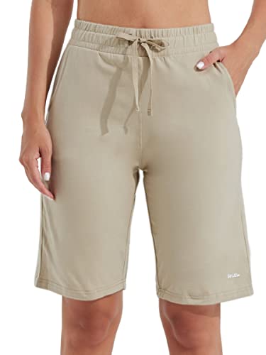 WILLIT Damen Shorts 10" Bermuda Baumwolle Lange Shorts Yoga Übung Knielange Shorts Workout Sportlich mit Taschen Khaki S von WILLIT