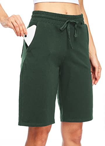 WILLIT Damen Shorts 10" Bermuda Baumwolle Lange Shorts Yoga Übung Knielange Shorts Workout Sportlich mit Taschen Olivgrün S von WILLIT