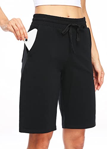 WILLIT Damen Shorts 10" Bermuda Baumwolle Lange Shorts Yoga Übung Knielange Shorts Workout Sportlich mit Taschen Schwarz XXXL von WILLIT