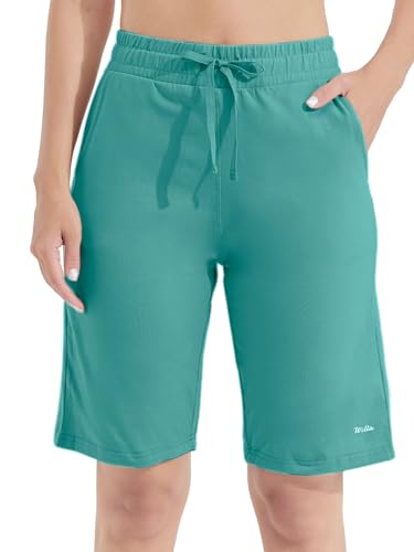 WILLIT Damen Shorts Bermuda Baumwolle Lange Shorts Sporthose Yogahose Fitness Knielange Workout Sommer 10" mit Taschen Seegrün XXXL von WILLIT