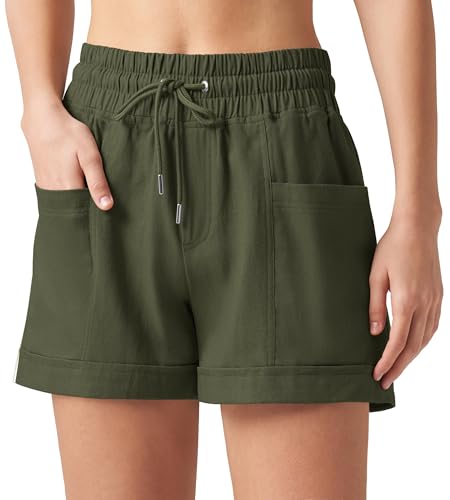 WILLIT Damen Shorts Baumwolle Leinen Shorts Kurze Hose Sommer High Waist Bequeme mit Taschen für Yoga Sport Freizeit Casual Armeegrün L WILLIT Damen Shorts Baumwolle Leinen Shorts Kurze Hose Sommer High Waist Bequeme mit Taschen für Yoga Sport Freizeit Casual Armeegrün L von WILLIT