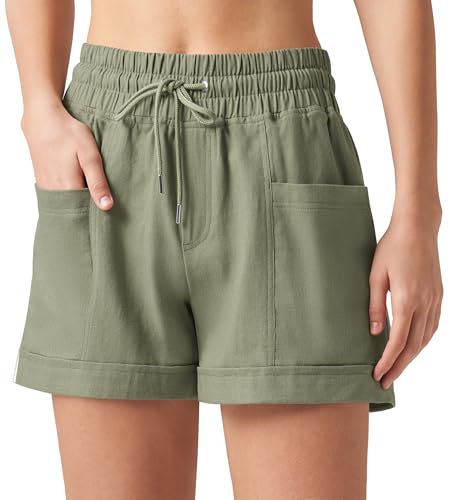 WILLIT Damen Shorts Baumwolle Leinen Shorts Kurze Hose Sommer High Waist Bequeme mit Taschen für Yoga Sport Freizeit Casual Graugrün XS WILLIT Damen Shorts Baumwolle Leinen Shorts Kurze Hose Sommer High Waist Bequeme mit Taschen für Yoga Sport Freizeit Casual Graugrün XS von WILLIT