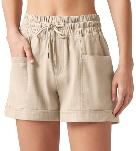 WILLIT Damen Shorts Baumwolle Leinen Shorts Kurze Hose Sommer High Waist Bequeme mit Taschen für Yoga Sport Freizeit Casual Khaki XL WILLIT Damen Shorts Baumwolle Leinen Shorts Kurze Hose Sommer High Waist Bequeme mit Taschen für Yoga Sport Freizeit Casual Khaki XL von WILLIT