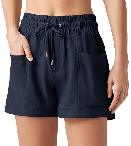 WILLIT Damen Shorts Baumwolle Leinen Shorts Kurze Hose Sommer High Waist Bequeme mit Taschen für Yoga Sport Freizeit Casual Magnetblau M WILLIT Damen Shorts Baumwolle Leinen Shorts Kurze Hose Sommer High Waist Bequeme mit Taschen für Yoga Sport Freizeit Casual Magnetblau M von WILLIT