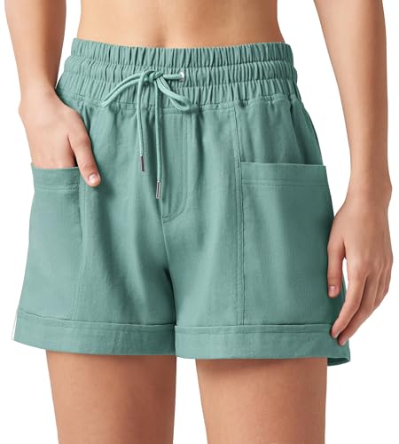 WILLIT Damen Shorts Baumwolle Leinen Shorts Kurze Hose Sommer High Waist Bequeme mit Taschen für Yoga Sport Freizeit Casual Seegrün XS WILLIT Damen Shorts Baumwolle Leinen Shorts Kurze Hose Sommer High Waist Bequeme mit Taschen für Yoga Sport Freizeit Casual Seegrün XS von WILLIT