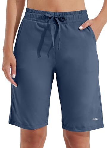 WILLIT Damen Shorts Bermuda Baumwolle Lange Shorts Sporthose Yogahose Fitness Knielange Workout Sommer 10" mit Taschen Graublau XXL von WILLIT
