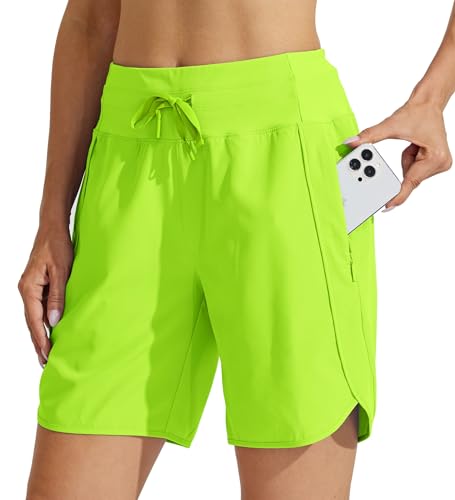 WILLIT Damen Shorts Sporthose Kurz High Waist Laufhose Sommer Laufshorts Schnelltrocknend Wanderhose Kurze Hose Sport Fitness Running mit Taschen 7" Chartreuse XS von WILLIT