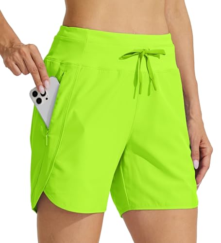 WILLIT Damen Shorts Sporthose Kurz Laufhose Sommer Laufshorts Wanderhose Schnelltrockene High Waisted Fitness Sport Running Reißverschlusstasche 5" Chartreuse XL von WILLIT