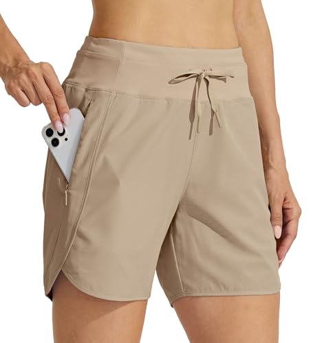 WILLIT Damen Shorts Sporthose Kurz Laufhose Sommer Laufshorts Wanderhose Schnelltrockene High Waisted Fitness Sport Running Reißverschlusstasche 5" Khaki M von WILLIT