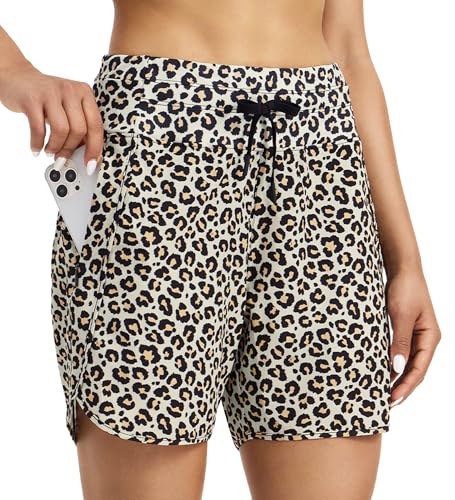 WILLIT Damen Shorts Sporthose Kurz Laufhose Sommer Laufshorts Wanderhose Schnelltrockene High Waisted Fitness Sport Running Reißverschlusstasche 5" Leopardenmuster XL von WILLIT