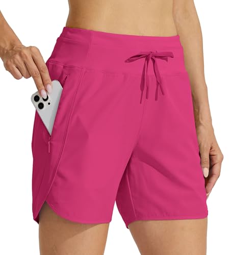 WILLIT Damen Shorts Sporthose Kurz Laufhose Sommer Laufshorts Wanderhose Schnelltrockene High Waisted Fitness Sport Running Reißverschlusstasche 5" Rosarot S von WILLIT