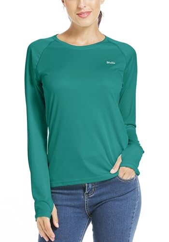 WILLIT Damen Sport Blusen UPF 50+ Sonnenschutz Shirt Langarm Sportshirt Rashguard Bademode Laufen Schwimmen Wandern Angeln Tops Leichtgewicht Seegrün M von WILLIT