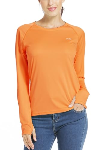 WILLIT Damen Sport Blusen UPF 50+ Sonnenschutz Shirt Langarm Sportshirt Rashguard Bademode Laufen Schwimmen Wandern Angeln Tops Leichtgewicht Orange M von WILLIT