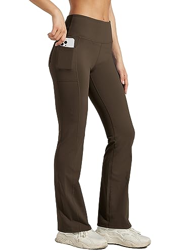 WILLIT Damen Thermo Flare Leggings Winter Fleece gefütterte Yogahose Warm Sportleggins Laufhose Bootcut Hose High Waist mit Taschen Braun S von WILLIT