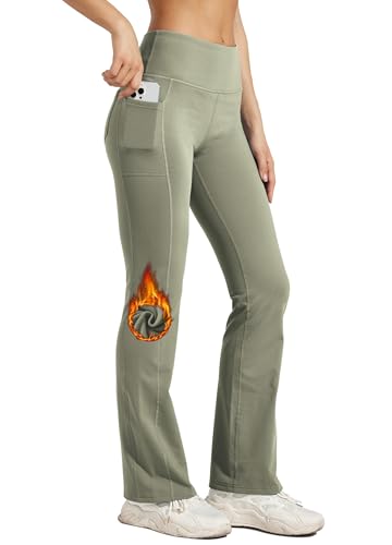 WILLIT Damen Thermo Flare Leggings Winter Fleece gefütterte Yogahose Warm Sportleggins Laufhose Bootcut Hose High Waist mit Taschen Graugrün XL von WILLIT