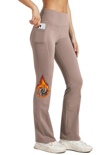 WILLIT Damen Thermo Flare Leggings Winter Fleece gefütterte Yogahose Warm Sportleggins Laufhose Bootcut Hose High Waist mit Taschen Rosabraun L von WILLIT