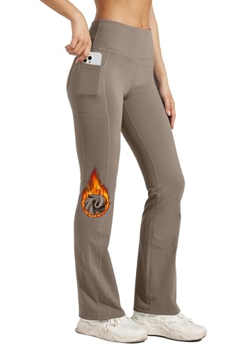 WILLIT Damen Thermo Flare Leggings Winter Fleece gefütterte Yogahose Warm Sportleggins Laufhose Bootcut Hose High Waist mit Taschen Taupe 2XL von WILLIT