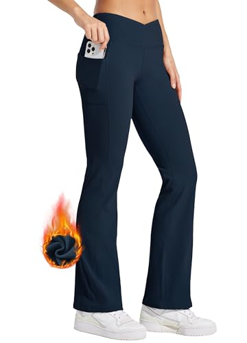 WILLIT Damen Thermo gefütterte Hosen Yogahose Bootcut Fleece Leggings Winter Warm Hose Flare Leggings Schlaghose Crossover Wasserdicht High Waist mit Taschen Dunkelblau XXL von WILLIT