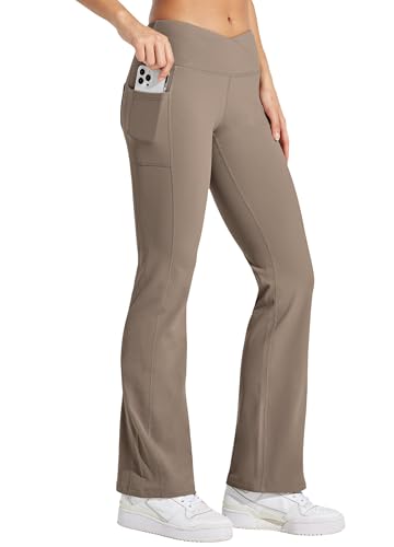 WILLIT Damen Thermo gefütterte Hosen Yogahose Bootcut Fleece Leggings Winter Warm Hose Flare Leggings Schlaghose Crossover Wasserdicht High Waist mit Taschen Dunkelbraun L von WILLIT