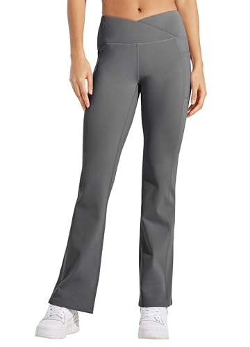 WILLIT Damen Thermo gefütterte Hosen Yogahose Bootcut Fleece Leggings Winter Warm Hose Flare Leggings Schlaghose Crossover Wasserdicht High Waist mit Taschen Dunkelgrau XXL von WILLIT