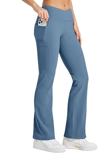 WILLIT Damen Thermo gefütterte Hosen Yogahose Bootcut Fleece Leggings Winter Warm Hose Flare Leggings Schlaghose Crossover Wasserdicht High Waist mit Taschen Dunstblau XL von WILLIT