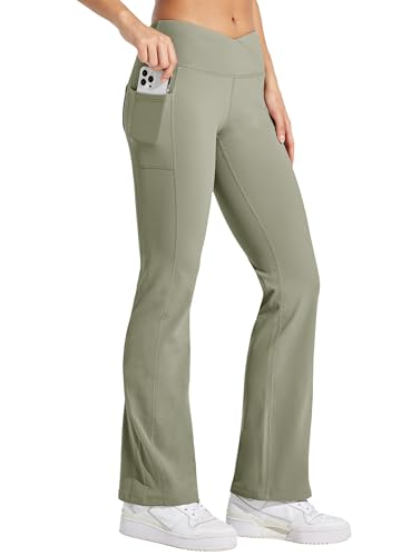 WILLIT Damen Thermo gefütterte Hosen Yogahose Bootcut Fleece Leggings Winter Warm Hose Flare Leggings Schlaghose Crossover Wasserdicht High Waist mit Taschen Graugrün L von WILLIT