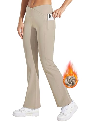 WILLIT Damen Thermo gefütterte Hosen Yogahose Bootcut Fleece Leggings Winter Warm Hose Flare Leggings Schlaghose Crossover Wasserdicht High Waist mit Taschen Khaki XL von WILLIT